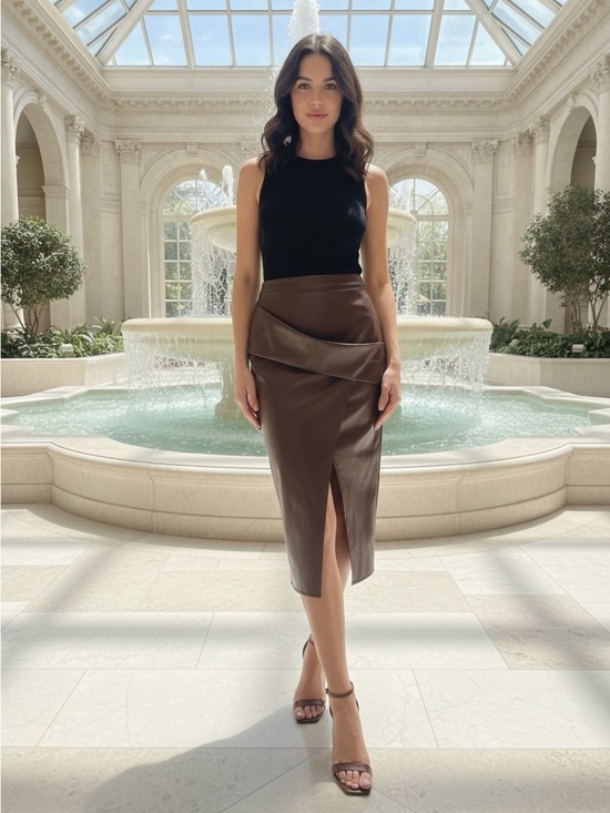 Commense Dresses & Skirts - Commense Women’s Ruched Slit PU Faux Leather Midi Skirt Camel Size Small